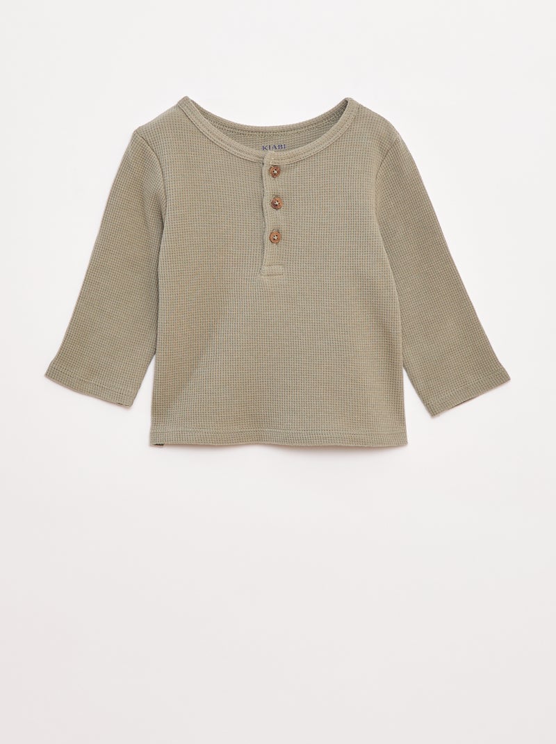 T-shirt col tunisien en maille gaufrée Vert - Kiabi
