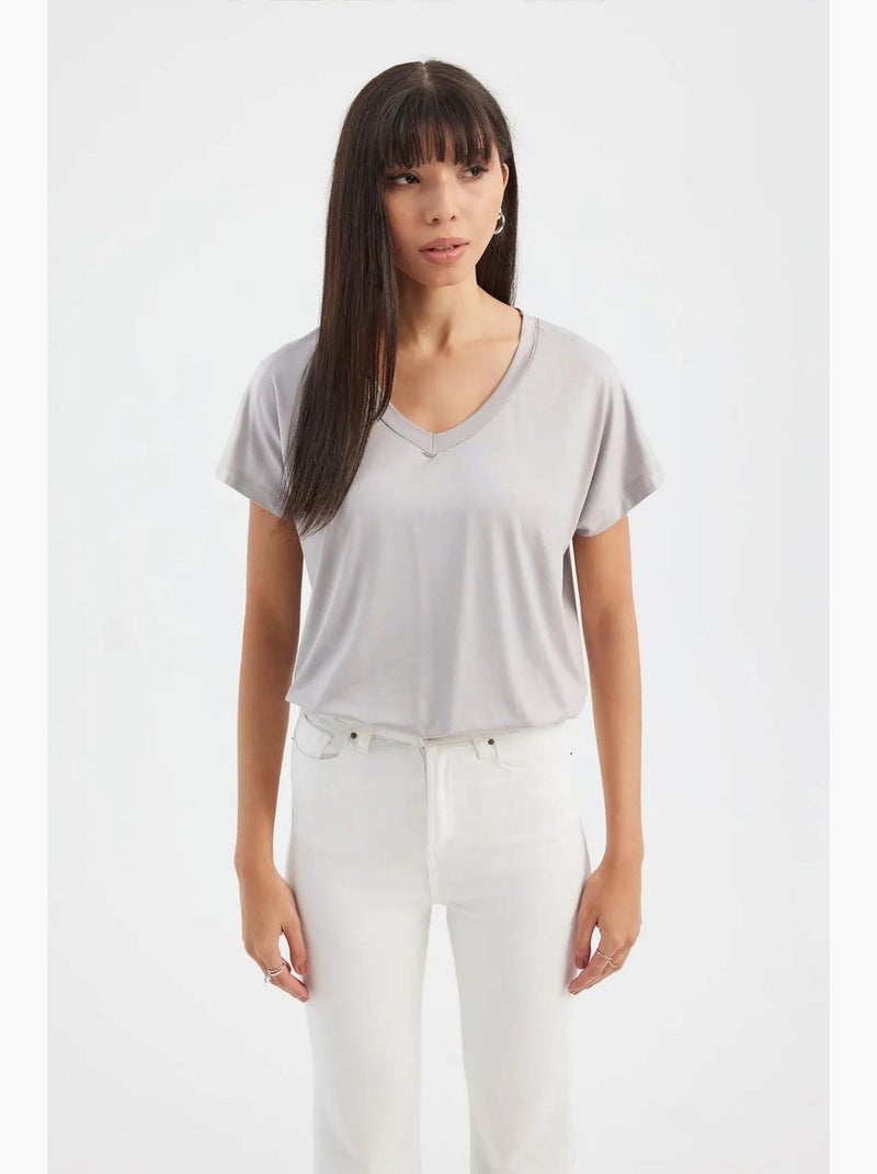 T-shirt col v à manches courtes, coupe décontractée hiccup Gris clair - Kiabi