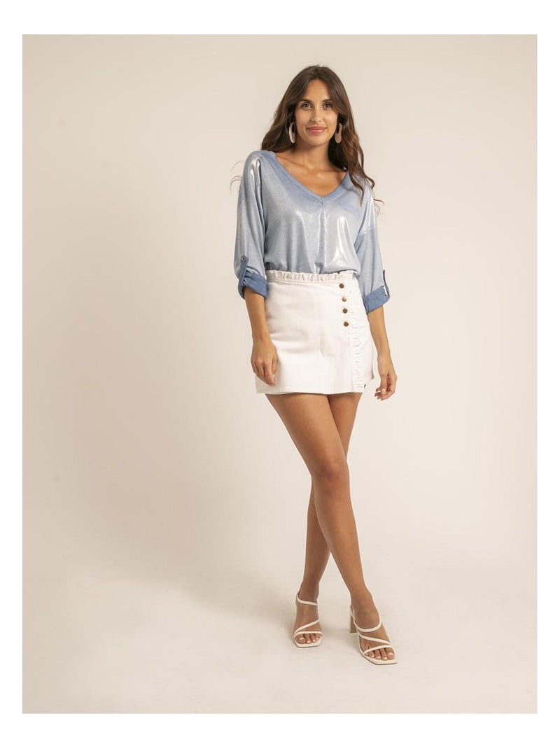 T shirt col v bimatiere filinie Bleu - Kiabi