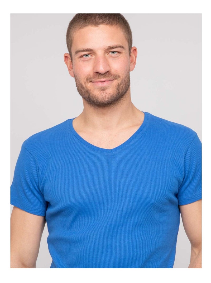 T shirt col v coton cottelé william Bleu roi - Kiabi