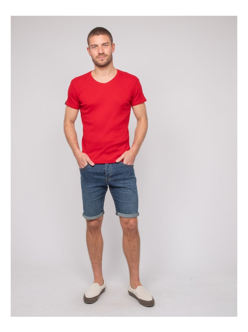T shirt col v coton cottelé william Rouge - Kiabi
