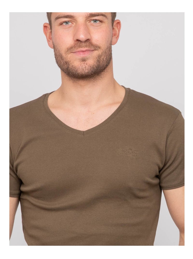 T shirt col v coton worko Kaki - Kiabi