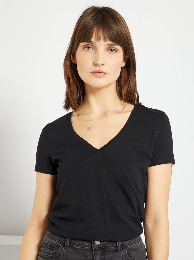 T-shirt col V en jersey noir - Kiabi