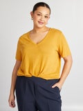 T-shirt col V en lin mélangé BEIGE - Kiabi