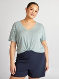 T-shirt col V en lin mélangé bleu - Kiabi