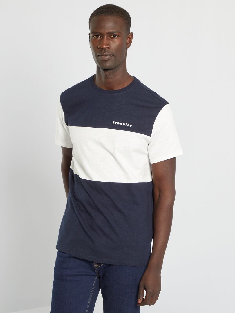 T-shirt color-block en maille jersey Bleu marine/blanc - Kiabi