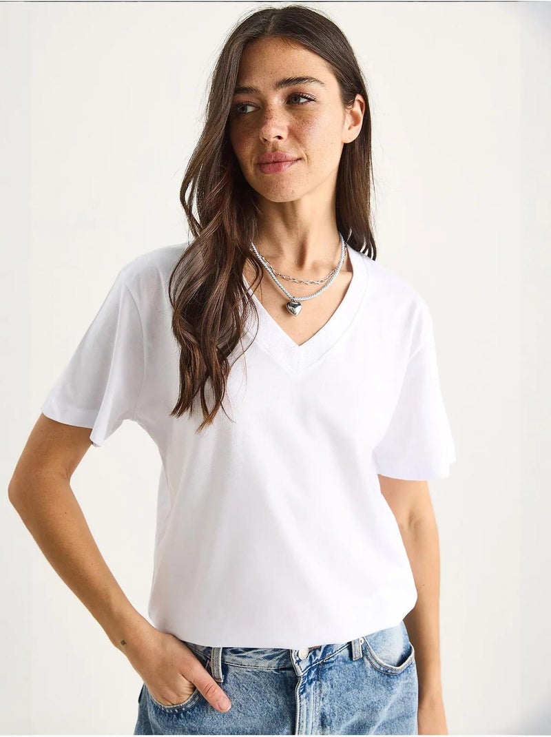 T-shirt confortable en coton biologique à col en v profond lucci Blanc - Kiabi