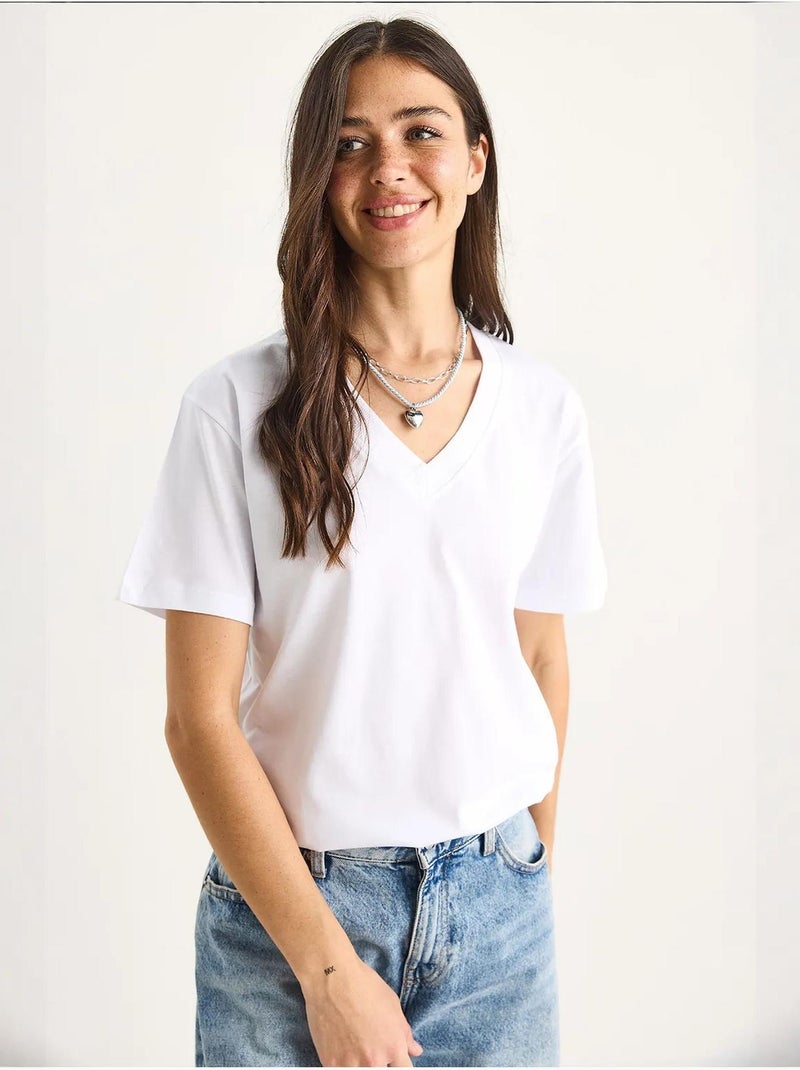 T-shirt confortable en coton biologique à col en v profond lucci Blanc - Kiabi