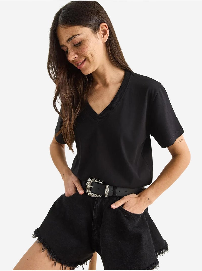 T-shirt confortable en coton biologique à col en v profond lucci Noir - Kiabi