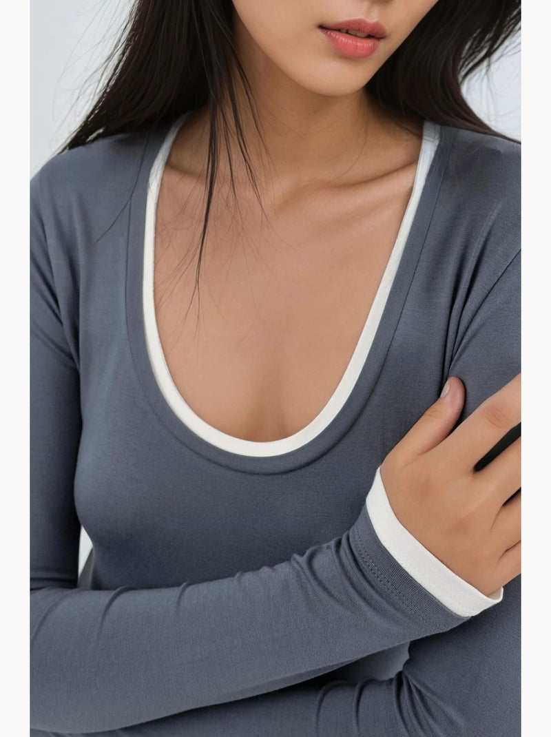 T-shirt contrasterende biezen lange mouw busem Grijs Zwart - Kiabi