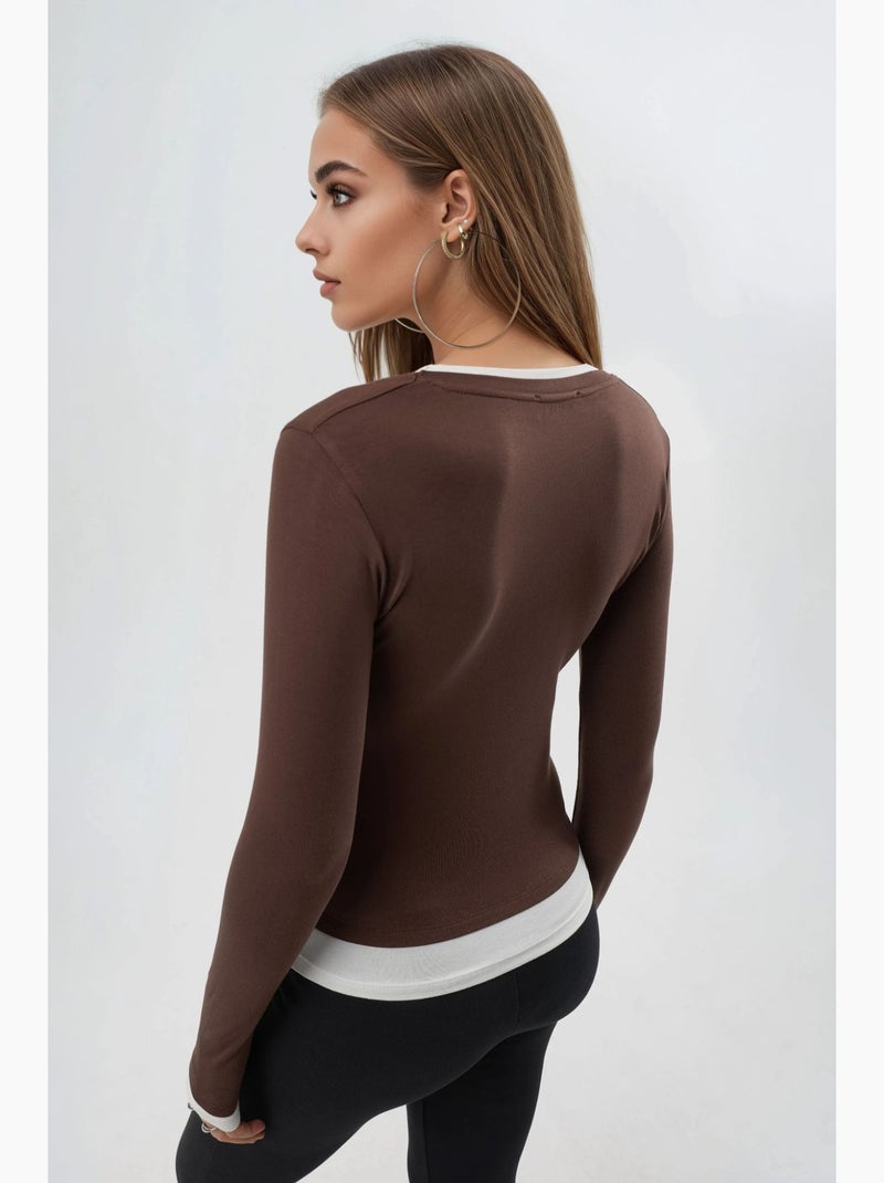 T-shirt contrasterende biezen lange mouw busem Lichtbruin - Kiabi