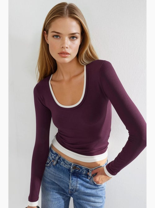 T-shirt contrasterende biezen lange mouw busem - Kiabi T-shirt contrasterende biezen lange mouw busem - Kiabi