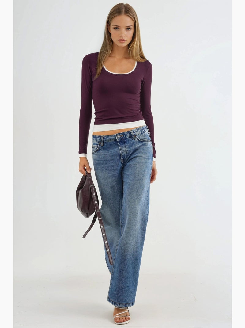T-shirt contrasterende biezen lange mouw busem Mauve - Kiabi