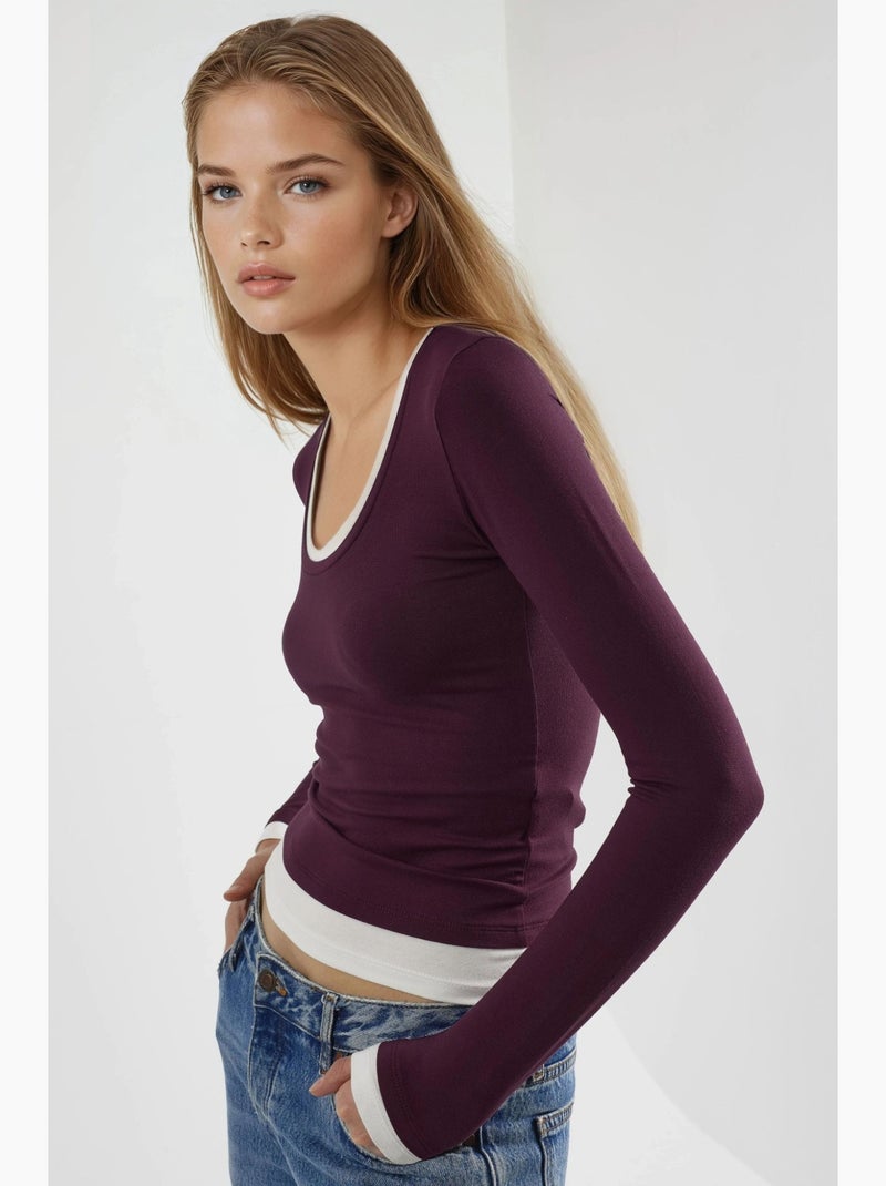 T-shirt contrasterende biezen lange mouw busem Mauve - Kiabi