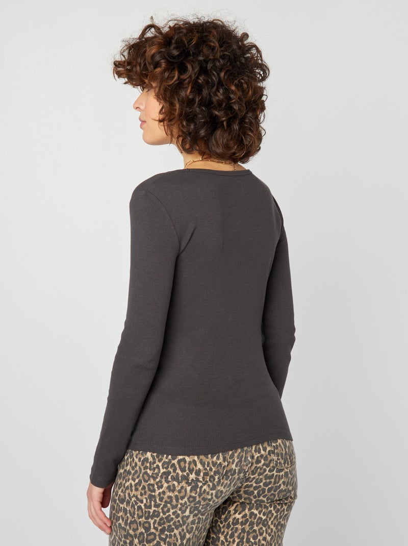 T-shirt côtelé à col rond Noir - Kiabi