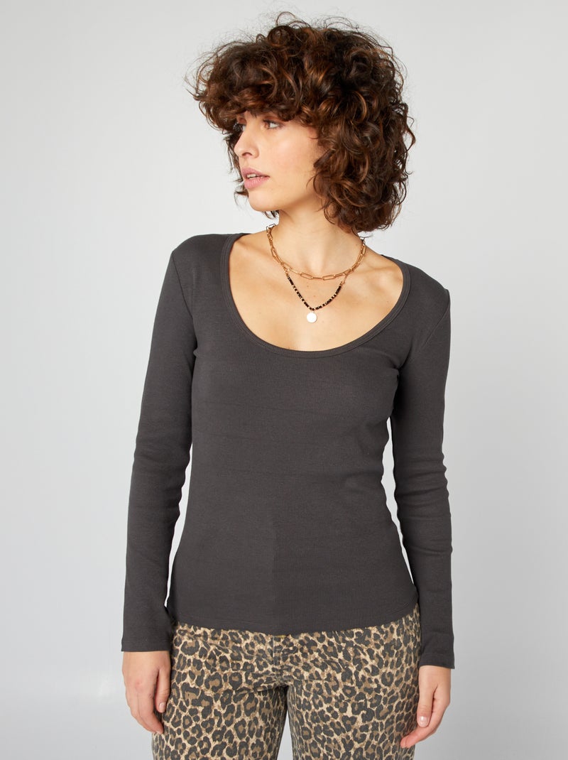 T-shirt côtelé à col rond Noir - Kiabi