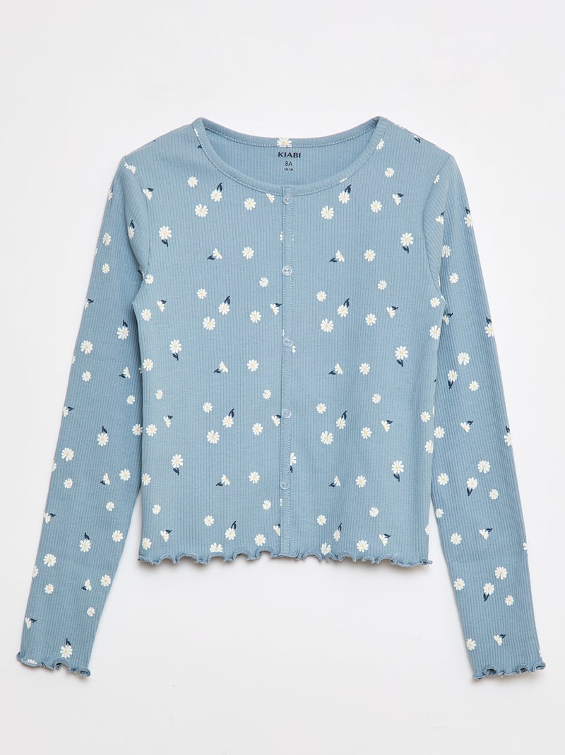 T-shirt côtelé à fleurs Bleu clair - Kiabi