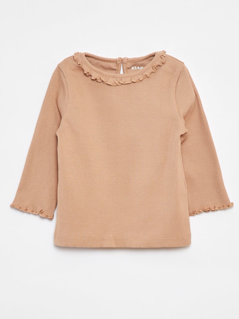 T-shirt côtelé à manches longues Beige - Kiabi