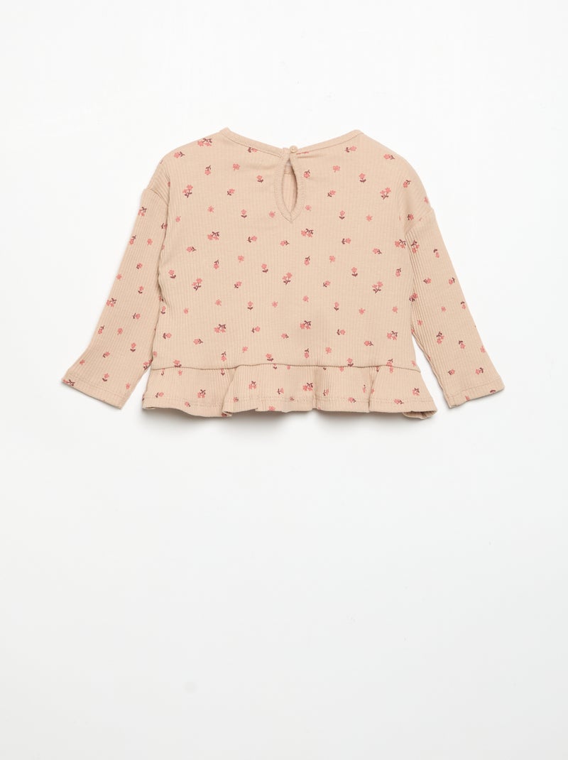 T-shirt côtelé à manches longues Beige - Kiabi