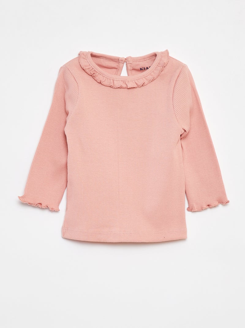 T-shirt côtelé à manches longues Rose - Kiabi