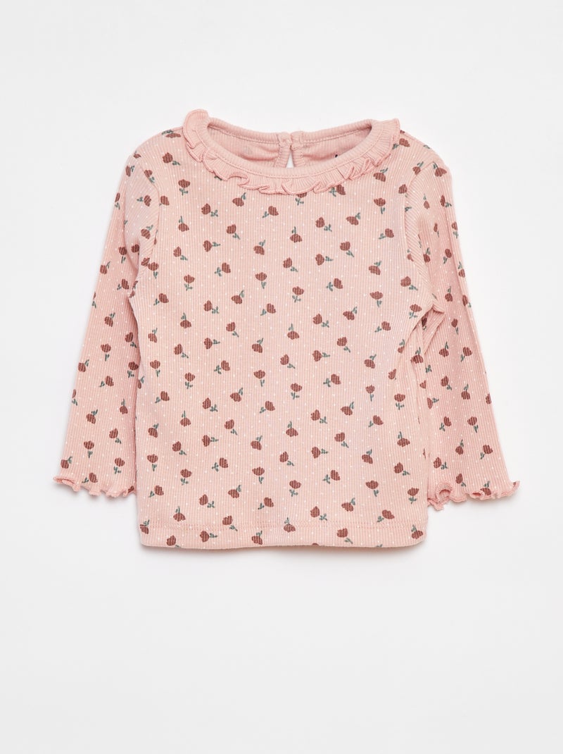 T-shirt côtelé à manches longues Rose - Kiabi