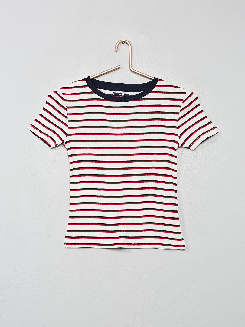 T-shirt côtelé à rayures rayé/rouge/blanc - Kiabi