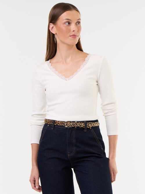 T-shirt côtelé avec dentelle au col - Kiabi