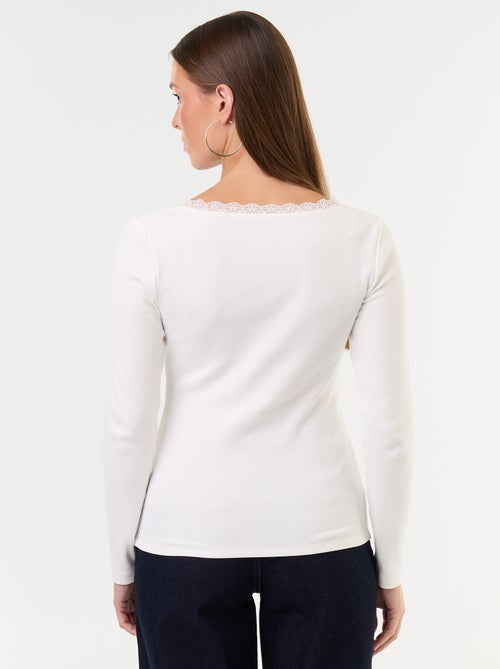 T-shirt côtelé avec dentelle au col - Kiabi