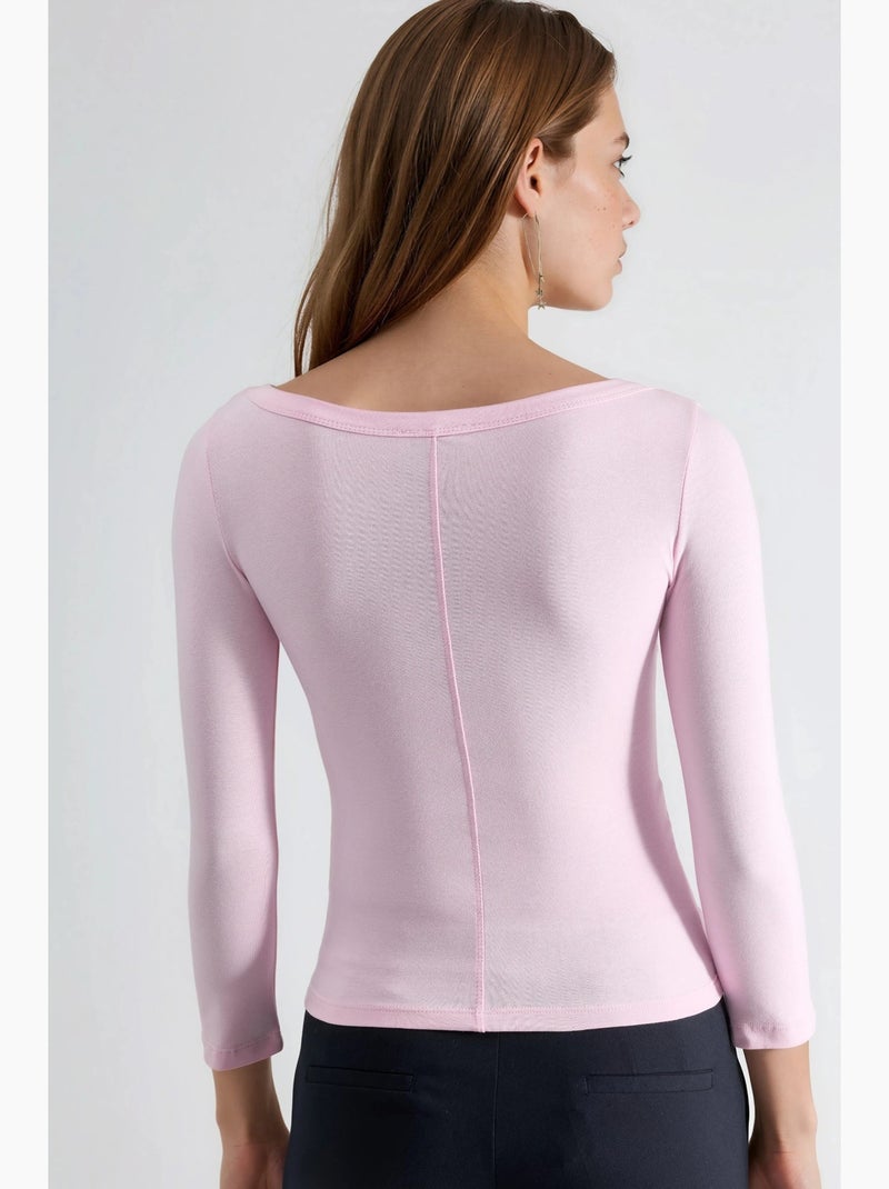 T-shirt côtelé col rond manches longues busem Rose pâle - Kiabi
