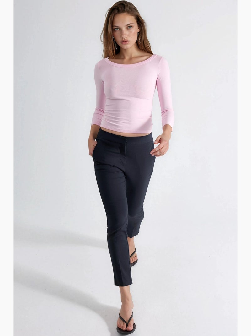 T-shirt côtelé col rond manches longues busem Rose pâle - Kiabi
