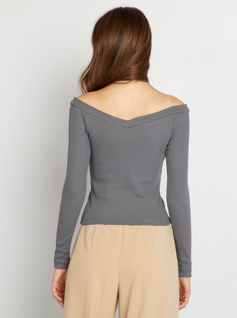 T-shirt côtelé et col V Gris - Kiabi