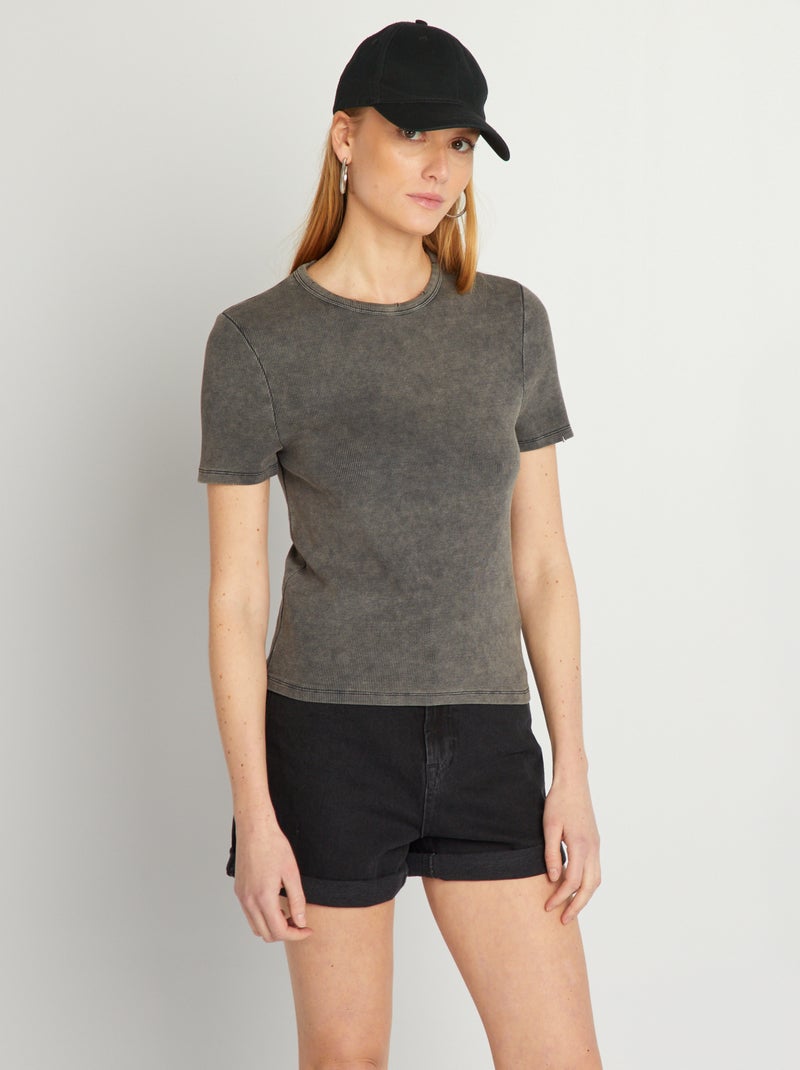 T-shirt côtelé noir - Kiabi