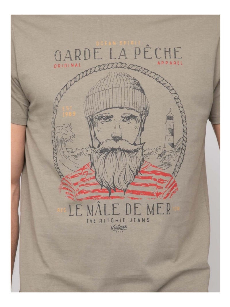 T-shirt coton motifs navirol Kaki - Kiabi