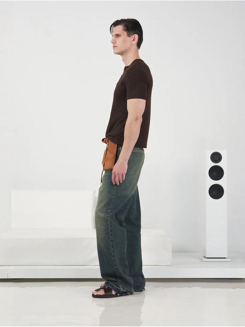 T-shirt coupe ajustée, col rond, en coton, avec détails de boutons giesto Marron - Kiabi