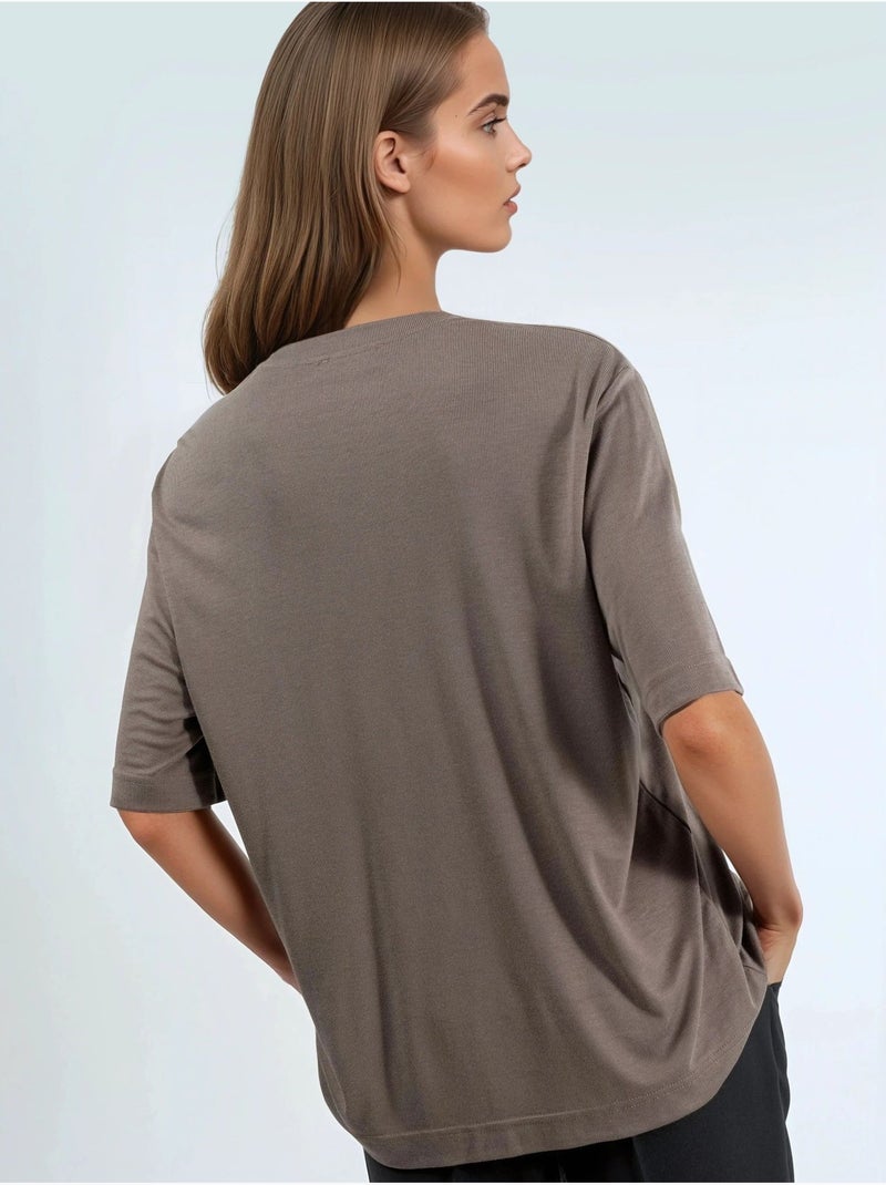 T-shirt coupe classique à col rond côtelé busem Marron clair - Kiabi