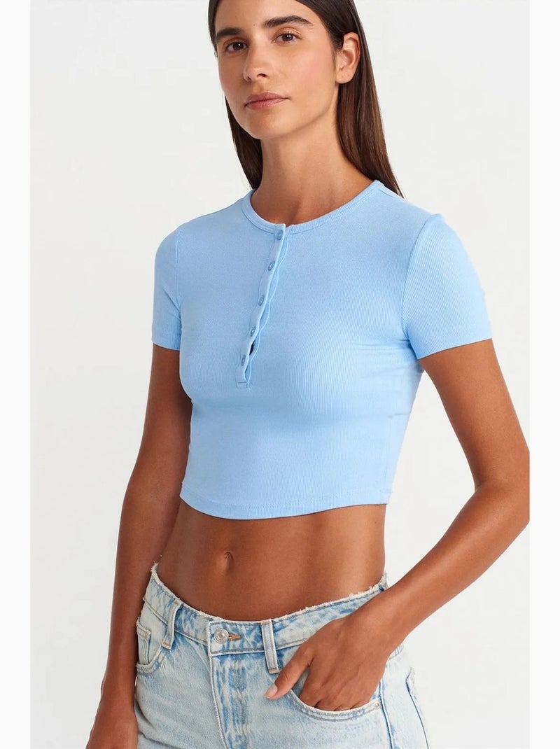 T-shirt court ajusté manches courtes boutons dilvin Bleu ciel - Kiabi