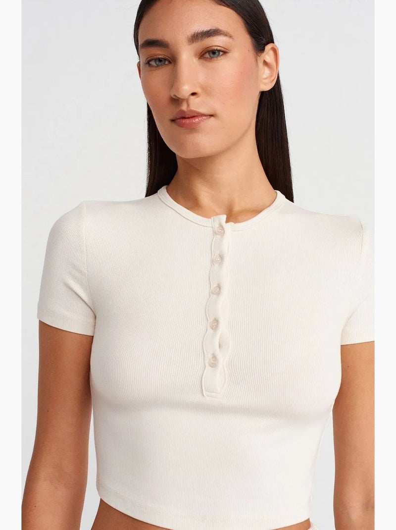 T-shirt court ajusté manches courtes boutons dilvin Crème - Kiabi