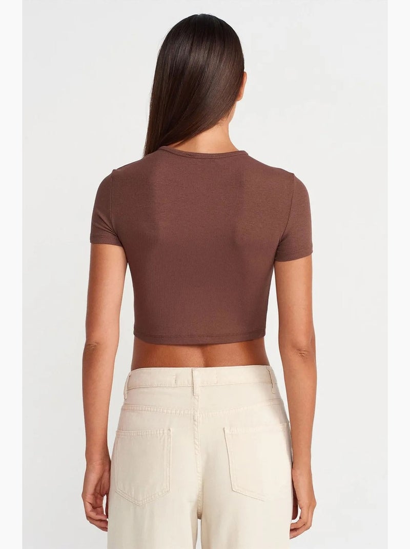 T-shirt court ajusté manches courtes boutons dilvin Marron chocolat - Kiabi