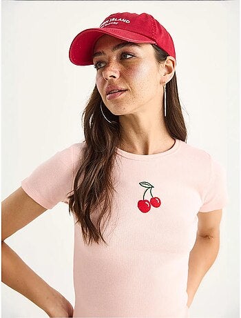 T-shirt court basique côtelé brodé cerises lucci