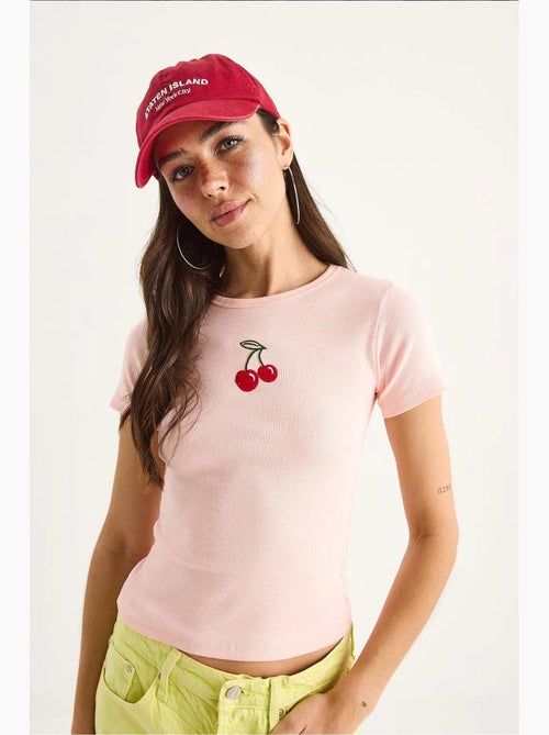 T-shirt court basique côtelé brodé cerises lucci - Kiabi