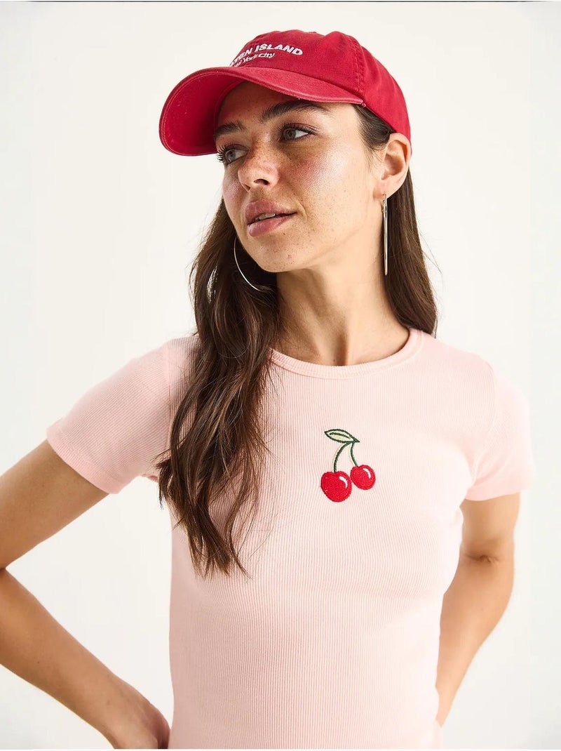 T-shirt court basique côtelé brodé cerises lucci Rose clair - Kiabi
