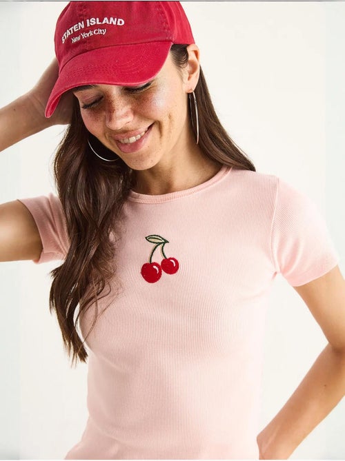 T-shirt court basique côtelé brodé cerises lucci - Kiabi