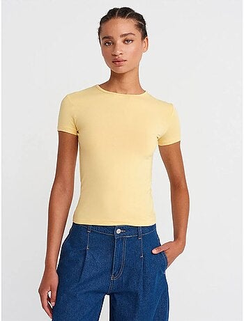 T-shirt court femme, coupe ajustée, col rond dilvin