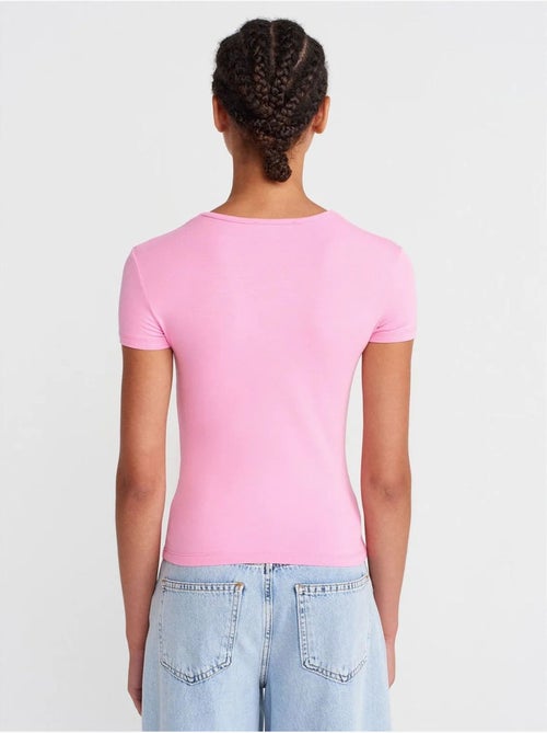 T-shirt court femme, coupe ajustée, col rond dilvin - Kiabi