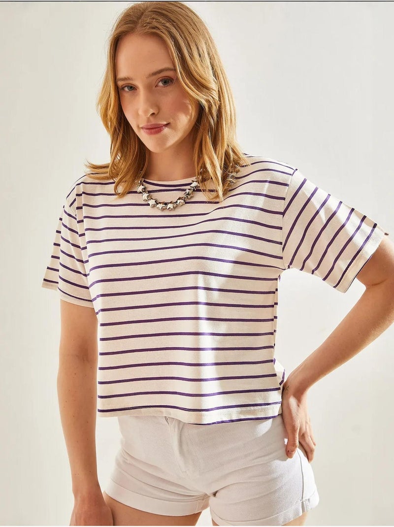 T-shirt court rayé à coupe boxy et col rond lucci Violet aubergine - Kiabi