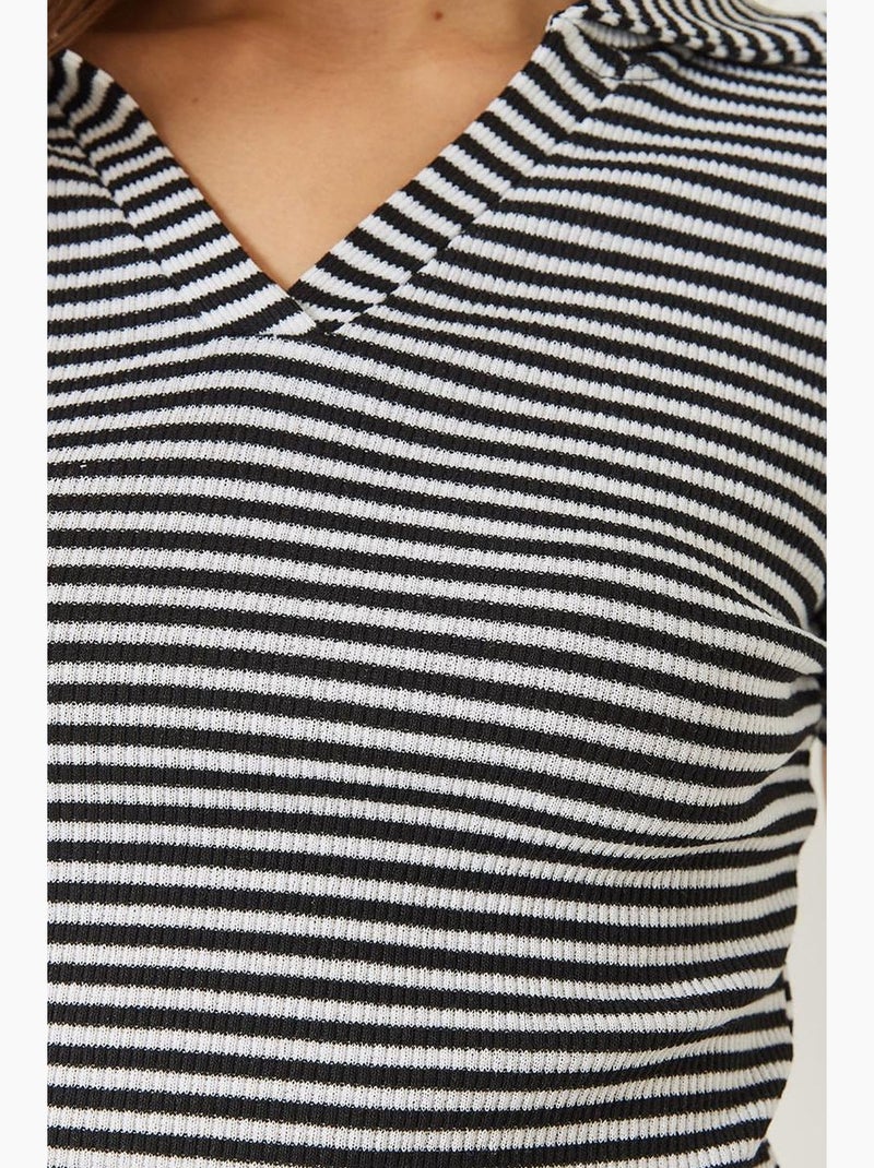 T-shirt court rayé , coupe ajustée, col chemise lucci Noir - Kiabi