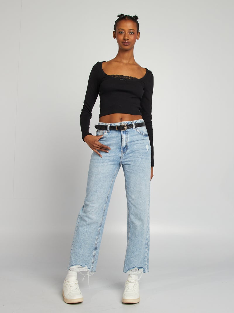 T-shirt crop top côtelé manches longues noir - Kiabi