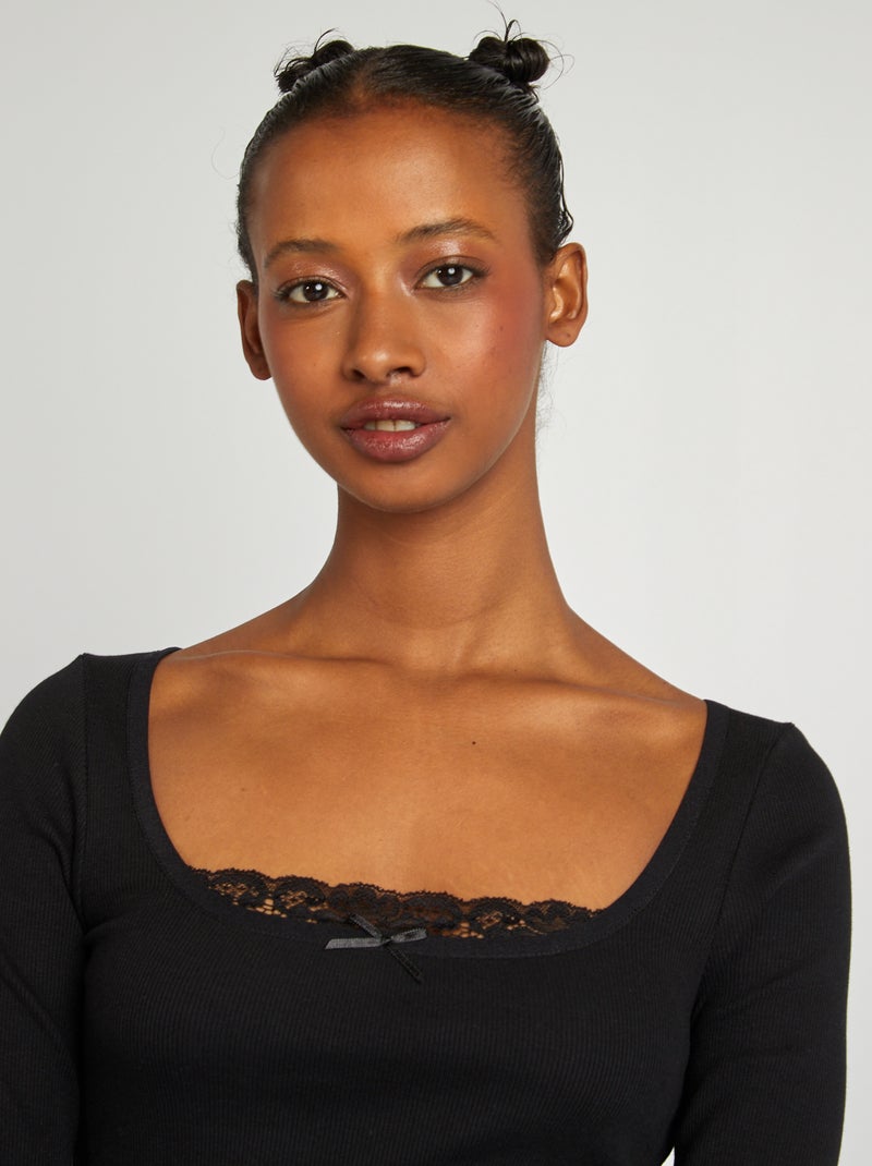 T-shirt crop top côtelé manches longues noir - Kiabi