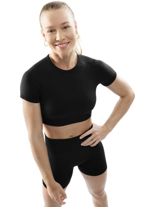 T-shirt crop top sport manches courtes sans couture femme fitness femme attitude - Kiabi