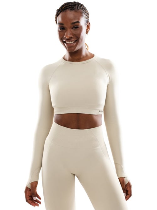 T-shirt crop top sport manches longues sans couture femme fitness femme victory - Kiabi